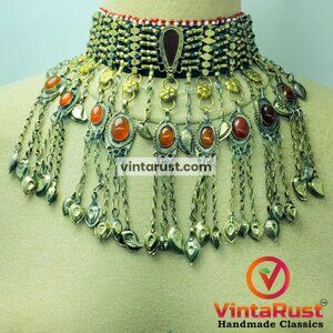 Tribal Choker Necklace, Afghan Handmade Choker Necklace with Glass Stones